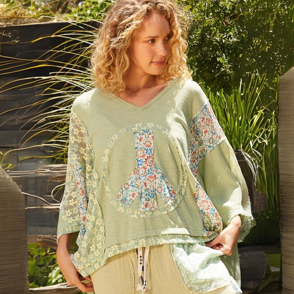 POL Oversized Peace Sign Patch Hooded Top in Sage/Yellow NWT